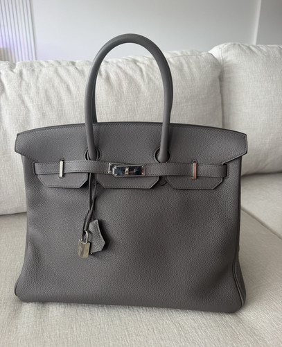 HERMÈS Birkin 35 Grey Leather Turn Lock Satchel Silver HW Lock Keys