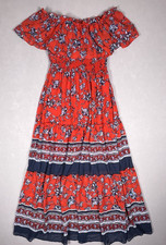 Chris Mclaughlin Dress Off-Shoulder Layered Maxi Red Navy Floral Boho Chic 10