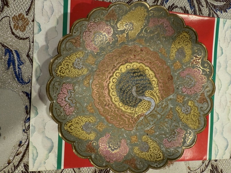Vintage Solid Brass Decorated Plate with a Peacock Made in India - Beautiful!