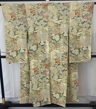 Japanese Vintage Kimono Furisode silk Beige Expensive Gorgeous Height 57 in
