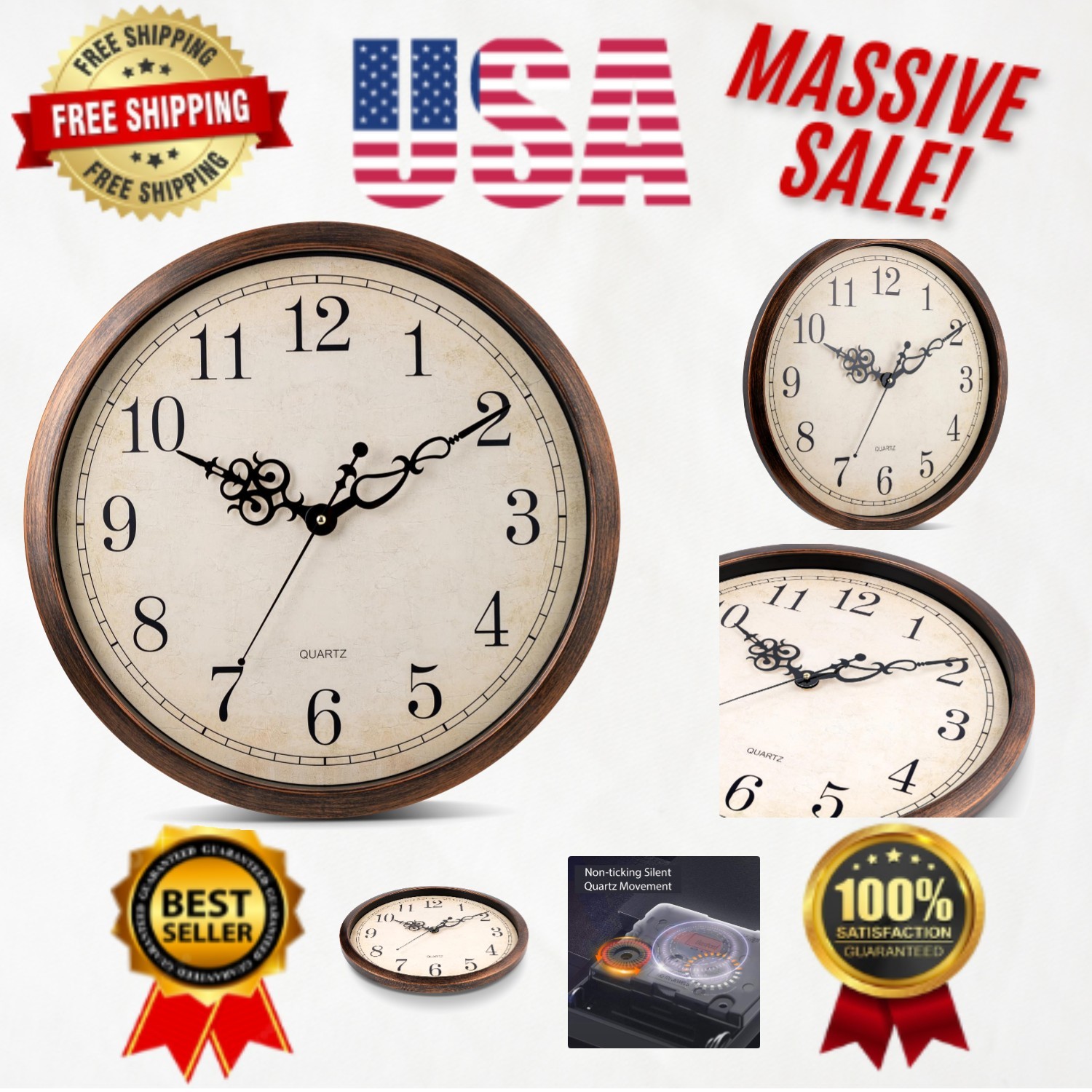 Extra Large Vintage Brown Wall Clock - Silent Quartz Movemen