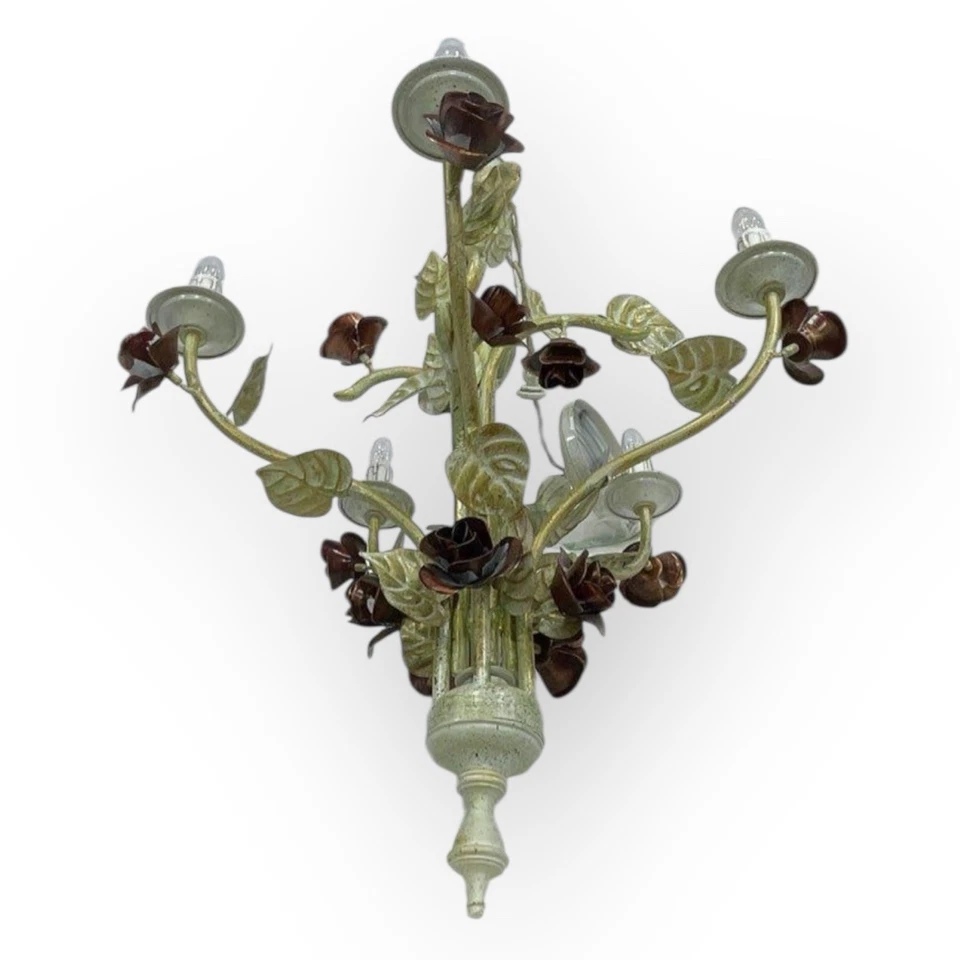 Vtg Italian Tole Chandelier Metal Roses Hanging Light Fixture 5-Lights Reclaimed - Image 2 of 4