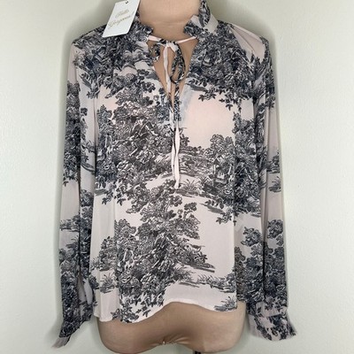 Elan Peasant Top Small Womens Toile Novelty Blouson Sleeve Sheer Ruffle New Chic