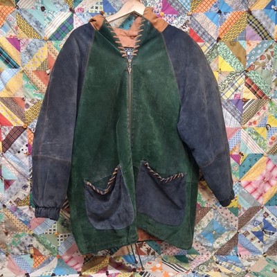 Vintage 90s Winlit Colorblock Suede Leather Parka Jacket Womens Large Boho Coat