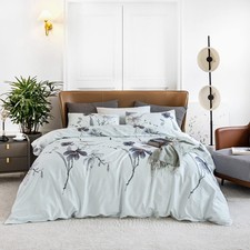 Grey Botanical Duvet Cover Queen 100 Egyptian Cotton Garden Light Blue Flora...