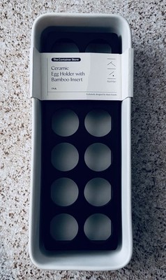 The Container Store Marie Kondo Ceramic Egg Holder Bamboo Insert Ink NEW HTF!!!