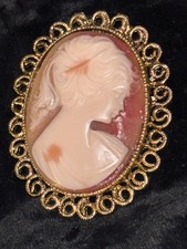 Vintage Gold Ivory Peach Cameo Brooch Carved shell gf 2 1/4x2 x1/2 inch thick 