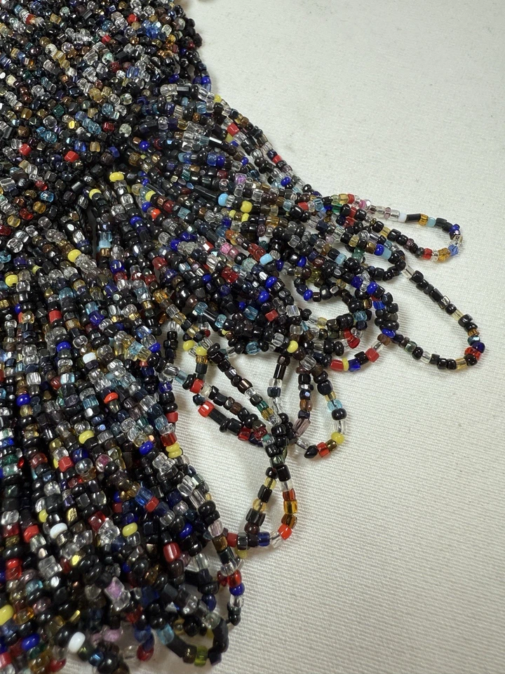 Antique Victorian Edwardian Glass Bead Purse - Confetti Multi-Colored w/ Fringe - Image 4 of 4