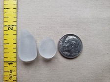 TWO GENUINE BEACH SEA GLASS SURF TUMBLED SILVER GRAY GREY SMOKE FROSTED SMALL T4