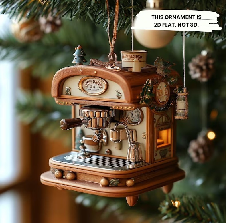 Custom Vintage Coffee Maker Christmas Ornament 2D FLAT, Holiday Espresso Machine