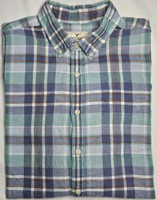 Mens American Eagle Classic Fit Linen Blend Plaid Button Up Shirt Size Large