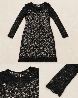 NWT Love Fast Live Hard Black Lace Cocktail Dress Nude Lined Long Sleeve Size M