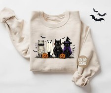Halloween Cat Ghost Sweatshirt Spooky Feline Crewneck Top