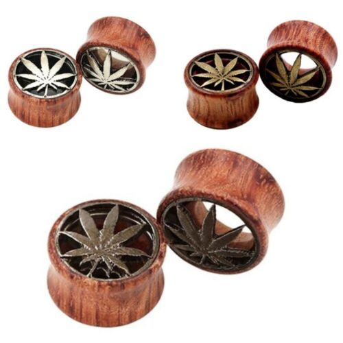 2pc 4-Color Hemp Leaf Ear Plug Double Flared Flesh Tunnel Wood Expander 8mm-20mm - Picture 1 of 6