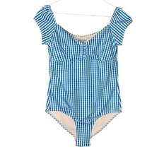 ModCloth Women Blue White Gingham Cap Sleeve One Piece Swimsuit Size Small