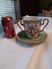 Antique SEVRES porcelain 2 Handles CHOCOLATE CUP/SAUCER Hand Painted - READ