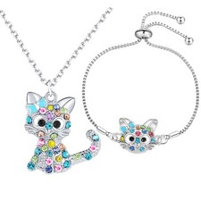 Lovely Rainbow Rhinestone Cat Jewelry Set For Girls Pendant Necklace For Girl...
