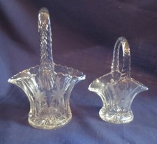 2 Vintage Duncan And Miller Etched Floral Clear Glass Bride Baskets PAT'D