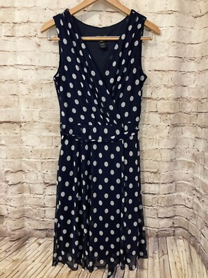 Kate and Lily Dress Womens 8 Fit & Flare Navy Blue Mesh Polka Dot Belted Midi