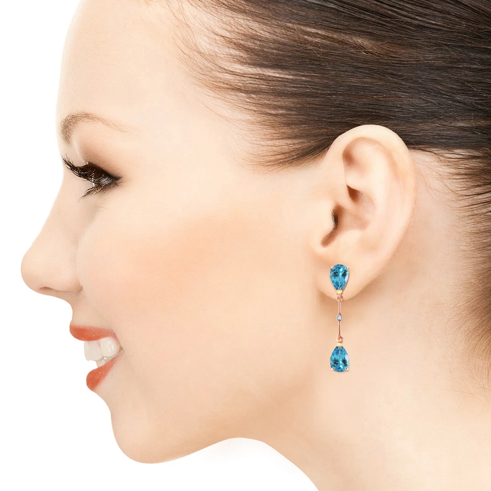 14K Solid Rose Gold Diamonds & Blue Topaz Dangling Earrings - Image 3 of 4