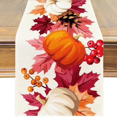 Fall Table Runner Autumn Pumpkins Orange White with Leaves Pinecones Table De...