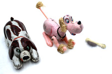 2pc Vintage Japan Mechanical Wind Up Dogs Poodle Tin Litho Toys Works Bustd Tail