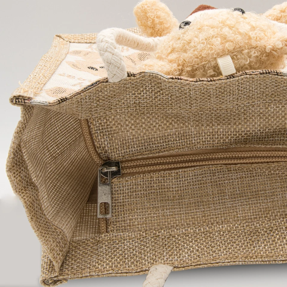 Bolso de mano de arpillera artesanal de diseño limitado con cremallera de yute osos muñeca bolsa de regalo 8X8X4 Foto 3 de 4