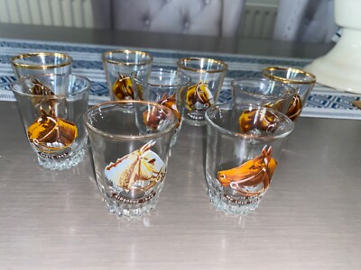 Sammlung Konvolut Set Vintage Pferderennen Glas Gläser Schnaps Nip Tally-Ho Retro