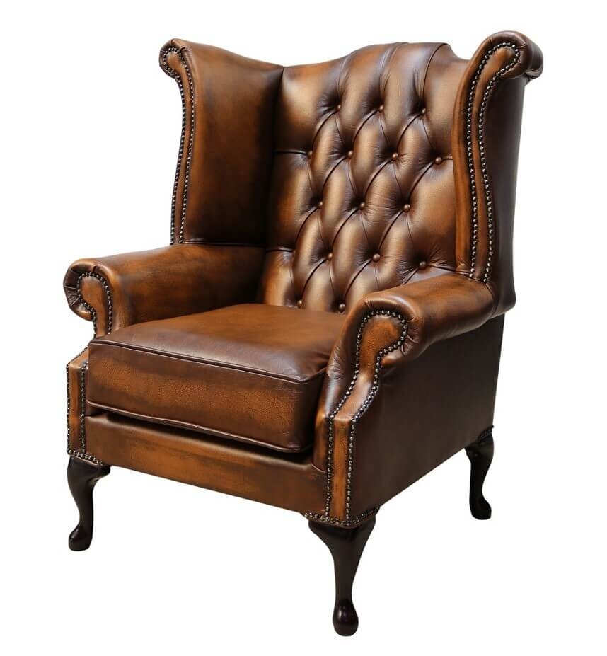 New Chesterfield Queen Anne High Back Wing Armchair Real Leather Tan eBay