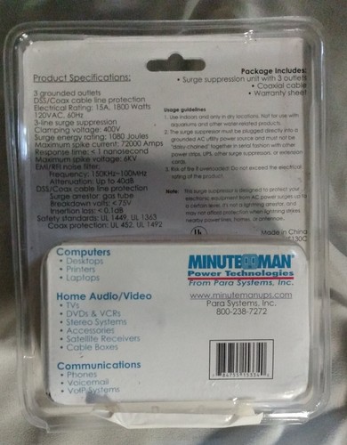 BRAND NEW SEALED Minuteman MMS Series Triple Outlet Surge Suppressor 1080 Joules - Picture 8 of 9