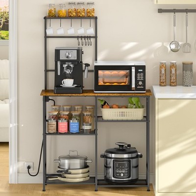 Bakers Rack with Power Outlet, Kitchen Microwave Stand with 10 S-shaped Hooks...