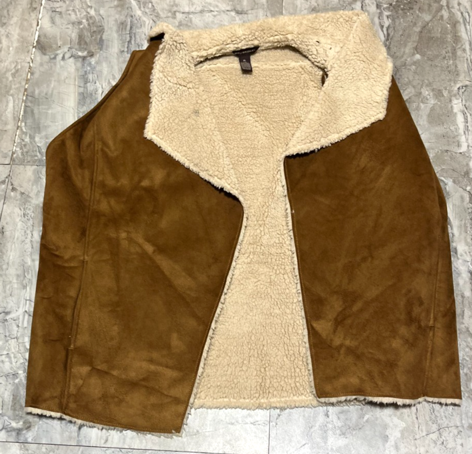 Bit & Bridle Brown Faux Suede Shawl Collar Vest Faux Fur Lining Womens XL