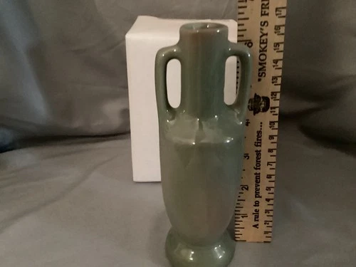 Vintage Prairie Green Double Handle Small Frankoma 6 1/2” Bud Vase 20 on bottom