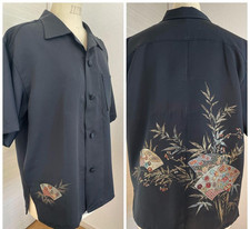 Vintage Kimono Remake Aloha Shirt M Silk Handmade Flower Pattern Fan Pattern JP