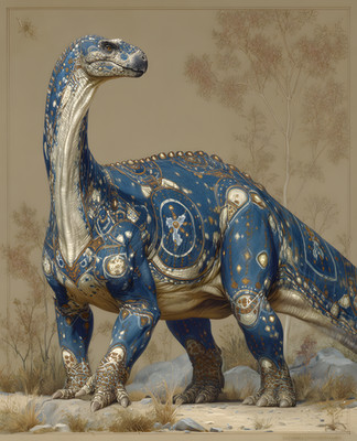 Ornate Blue Long Necked Dinosaur Covered in Celestial Patterns Print - 393044907
