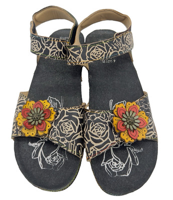 L'Artiste Spring Step Sandals Womens 41/US 10 Brown Leather Yellow Floral Wedge