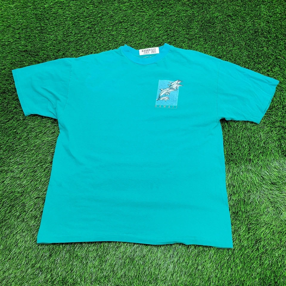 Vintage 90s Hawaii Dolphin Shirt Large 22x27 Blue Green Hawaiian - Image 2 of 4