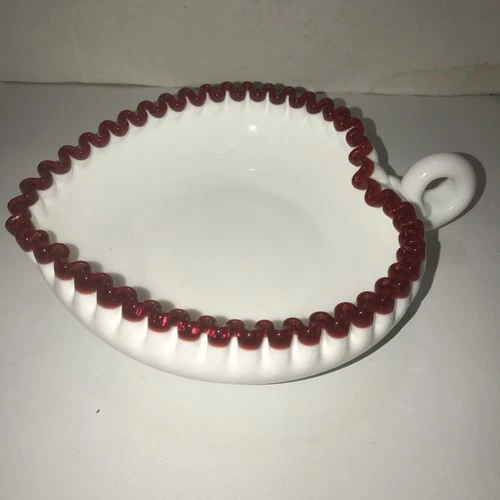 Vintage Fenton White Milk Glass with Ruby Red Crest Heart Bon Bon Candy Dish