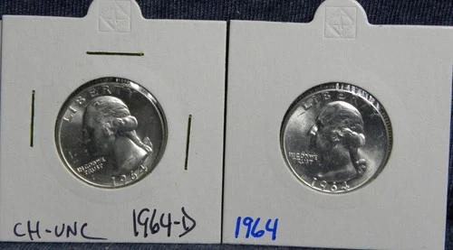 2-Silver  Washington Quarters 1-1964-D & 1-1964 BU Blast White