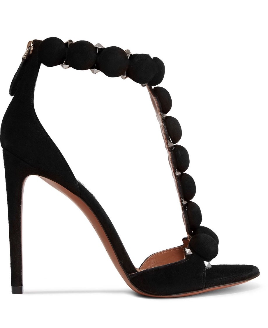 靴 ALAIA Studded Suede Open Toe Sandals 39 Alaia Bombe 110mm Black Suede Ankle T Strap Pom Pom Stud Sandal