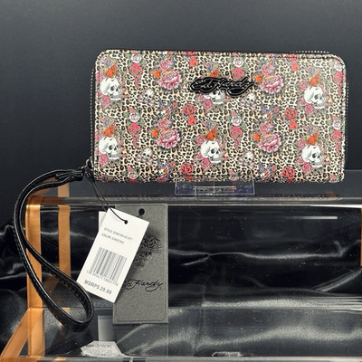 NWT Ed Hardy Leopard Skull Rose Zip Around Wristlet Wallet Vegan Leather