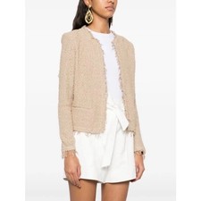 IRO Shavani Frayed Tweed Jacket Beige Size 38 Small Open Front Designer