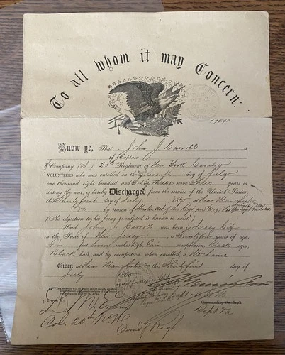 1865 Civil War Discharge Captain Co I 20th New York Cavalry McClellan Appomattox