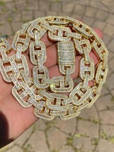 Authentic Mens 14k Gold Plated Solid 925 Sterling Silver Baguette Gucci Link Chain 15mm CZ