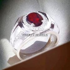 Garnet Oval Cut Gemstone With 925 Sterling Silver Ring For Men's #A361