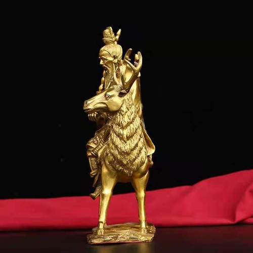 Brass Jiang Ziya Statue Jiang Tai Gong Deer Whip Flag Taoist Granting Titles God - Picture 4 of 6