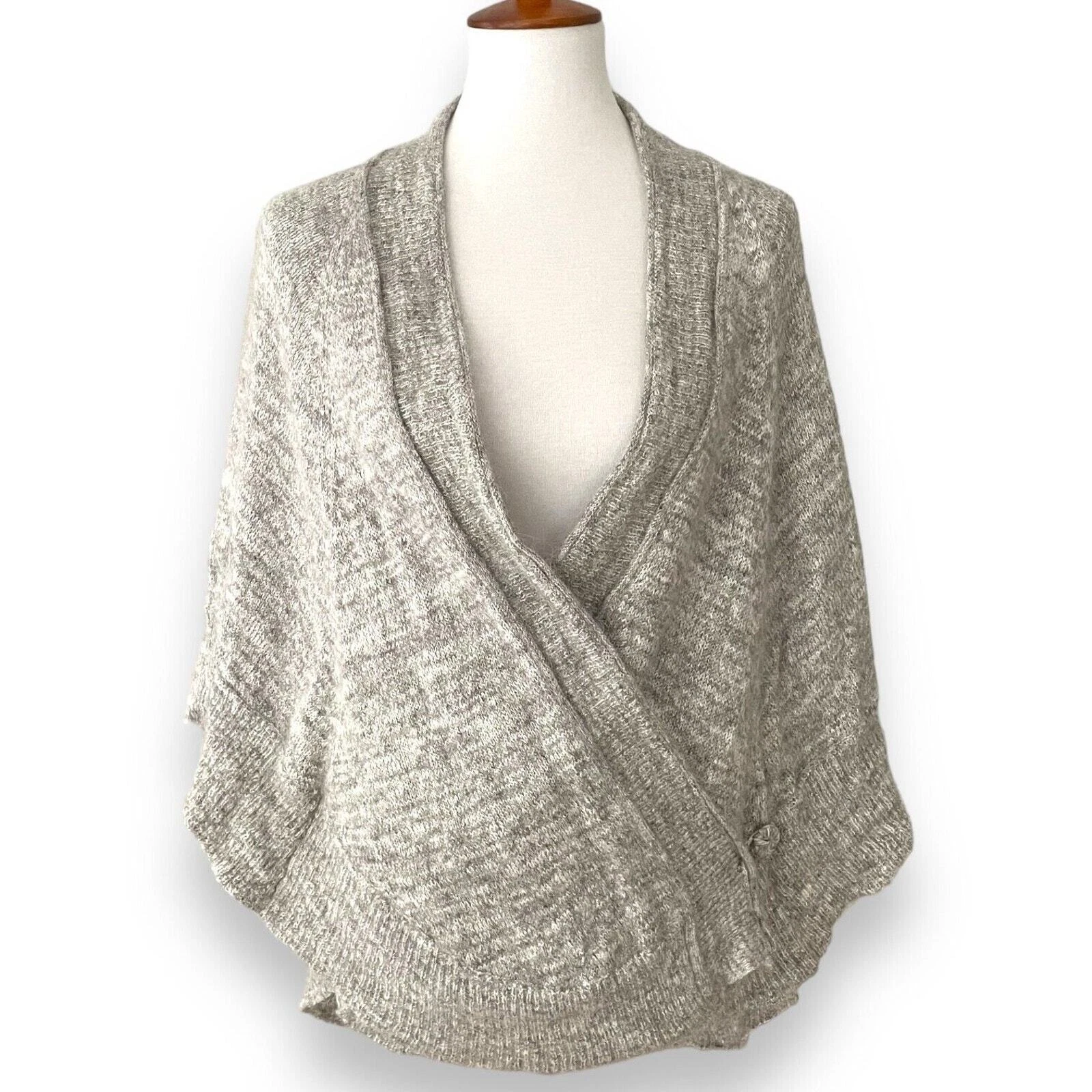 Knitted & Knotted Gray Alpaca Wool Blend Button Wrap Sweater Poncho Side Small