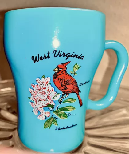 1970’S HTF FIRE KING COFFEE MUG, WEST VIRGINIA BLUE MILK GLASS NEW CONDITION