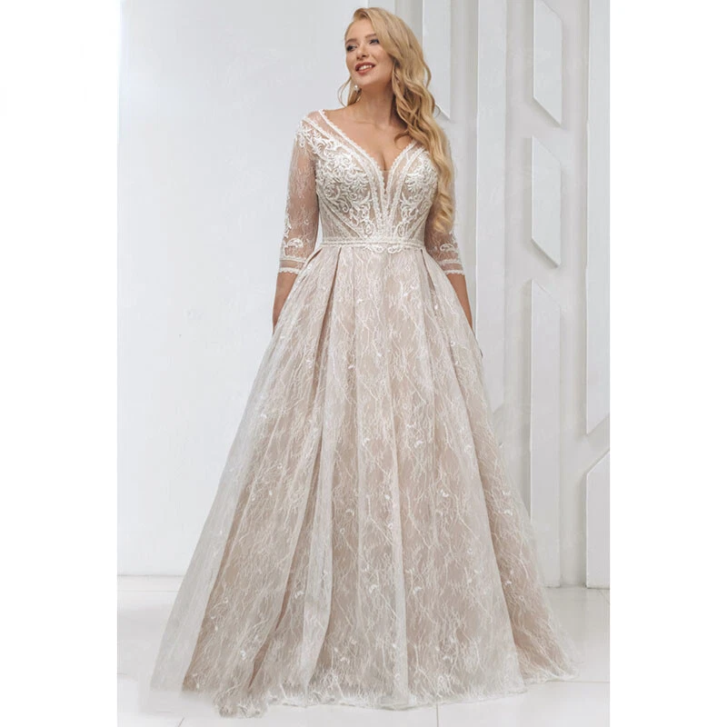Plus Size A -line Wedding Dresses V-Neck With Pockets Lace Appliques Sweep Train - Image 3 of 4