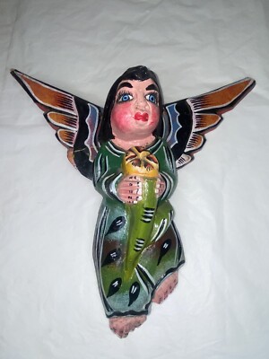 DAMAGED Mexican Folk Art Carved Wood Angel Wall art tooth fairy? Chile?